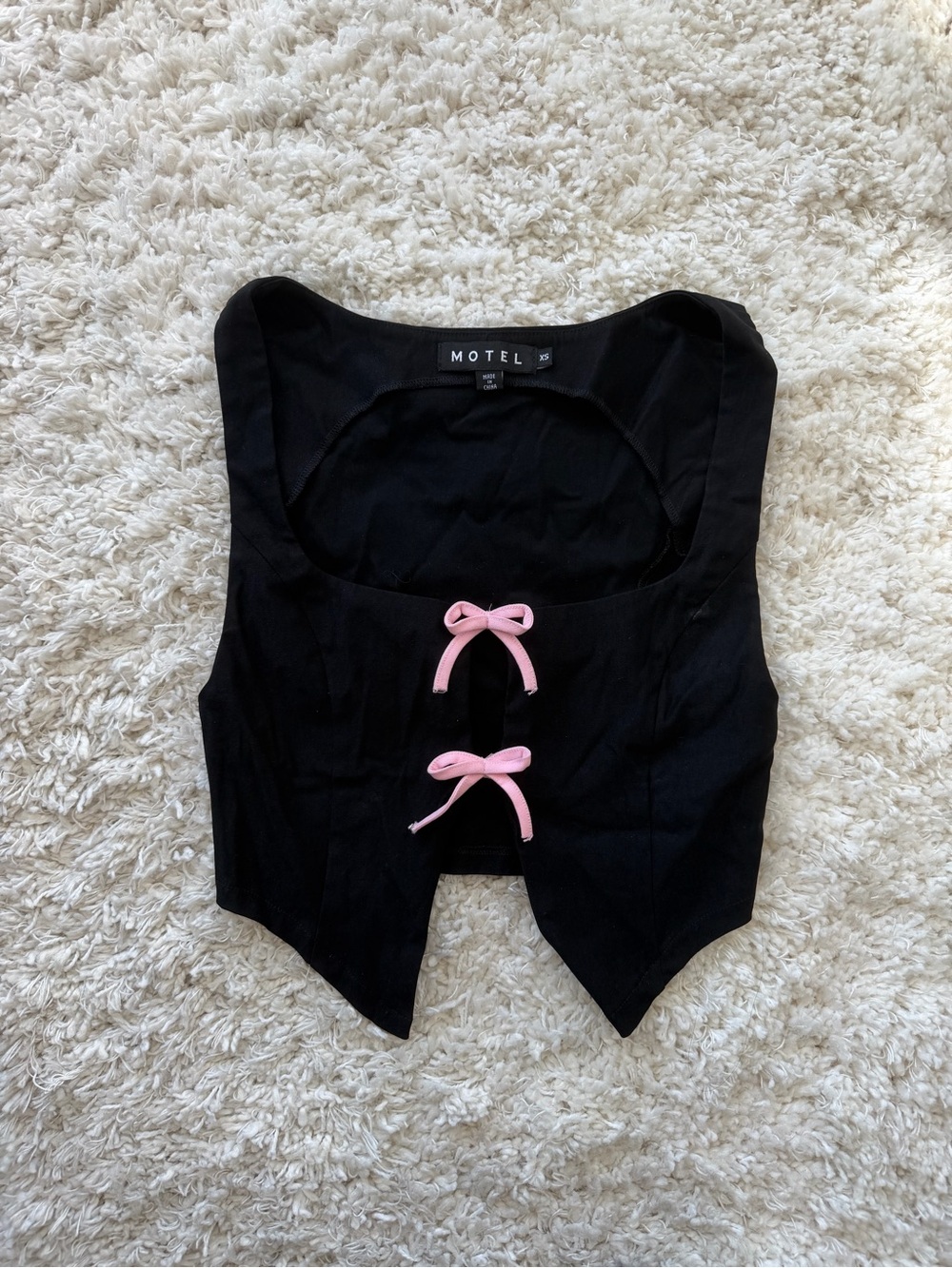Motel Rocks Black Open Front Cropped Vest Top with Pink Bows